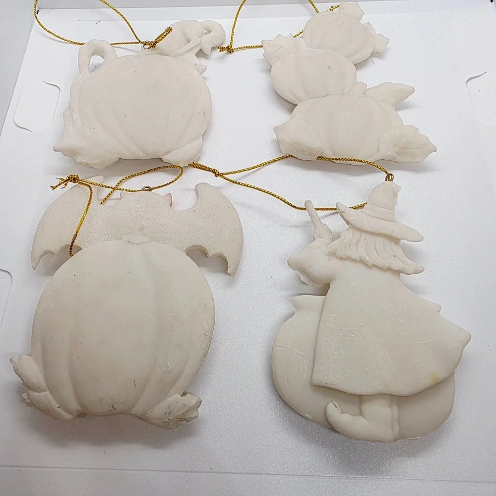 4 Vintage Ceramic Resin Halloween Ornaments Witch Bat Cats Pumpkin Off White